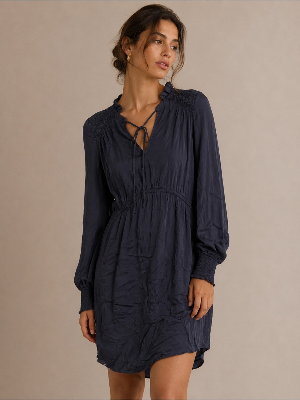 Good Hart Navy Blue Long Sleeve Tie-Neck Peasant Dress Size Medium